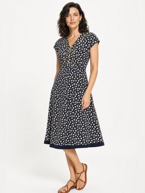Weekend Max Mara Daisy Floral Dress Navy Yellow Trim Fit Flare Size 6